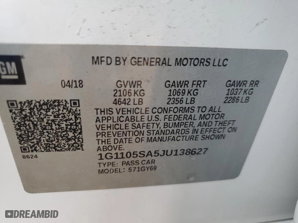 2018 Chevrolet Impala LT with VIN 1G1105SA5JU138627, listed as a Copart auction lot 86403514 with 128,215 mi miles and Salvage Title. Bid and sale history available at carsss.com. Image 15.