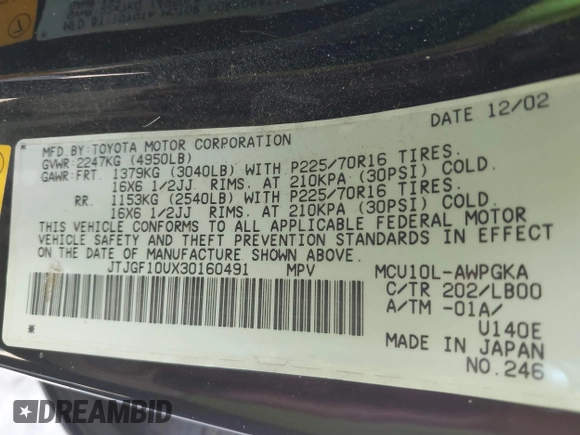 2003 Lexus RX 300 with VIN JTJGF10UX30160491, listed as a IAAI auction lot 39899253 with 190,971 mi miles and . Bid and sale history available at DreamBid. Image 9.