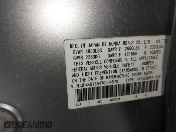2007 Acura RL Tech Pkg with VIN JH4KB16647C004578, listed as a IAAI auction lot 42062919 with 162,968 mi miles. Bid and sale history available at carsss.com. Image 9.