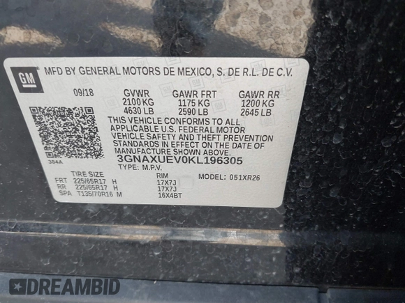 2019 Chevrolet Equinox LT with VIN 3GNAXUEV0KL196305, listed as a IAAI auction lot 41918613 with 66,146 mi miles and . Bid and sale history available at DreamBid. Image 9.