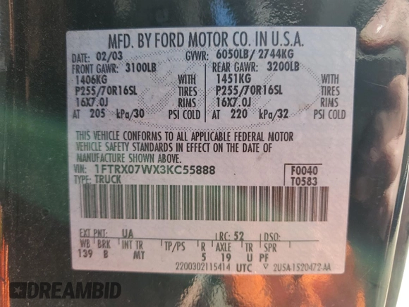 2003 Ford F-150 XL with VIN 1FTRX07WX3KC55888, listed as a Copart auction lot 47845515 with Not provided miles and Clean title. Bid and sale history available at DreamBid. Image 12.