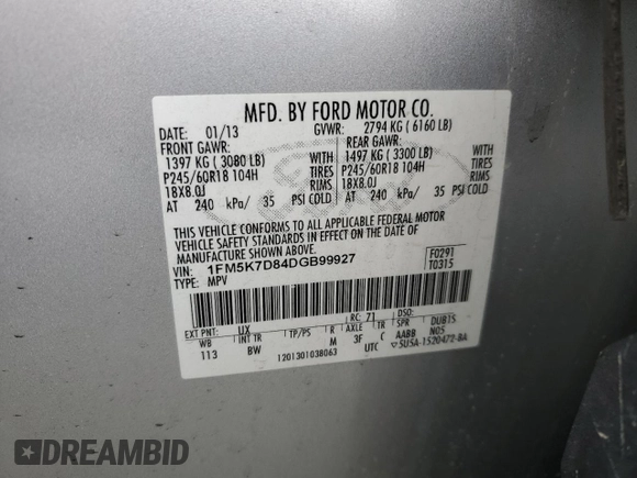 2013 Ford Explorer XLT с VIN 1FM5K7D84DGB99927, выставлен на аукционе Copart как лот 60927445 с пробегом 117 506 миль миль и Списание • Salvage title. История ставок и продаж доступна на DreamBid. Изображение 12.