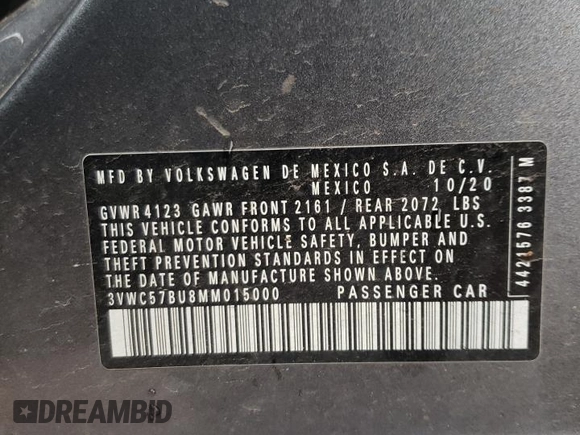 2021 Volkswagen Jetta S with VIN 3VWC57BU8MM015000, listed as a Copart auction lot 52862914 with 72,391 mi miles and Salvage title. Bid and sale history available at DreamBid. Image 12.