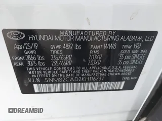 2019 Hyundai Santa Fe SE with VIN 5NMS2CAD2KH116731, listed as a IAAI auction lot 42689306 with 55,213 mi miles and . Bid and sale history available at DreamBid. Image 9.
