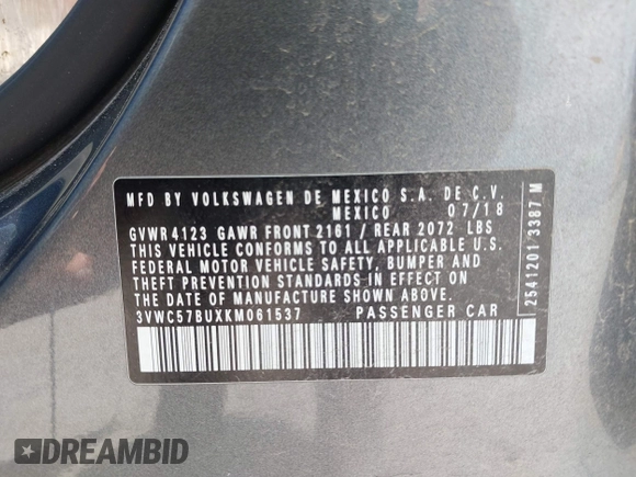 2019 Volkswagen Jetta S z VIN 3VWC57BUXKM061537, wystawiony jako IAAI lot #42170921 z przebiegiem 88 476 mil mil oraz . Historia ofert i sprzedaży dostępna na DreamBid. Obrazek 9.