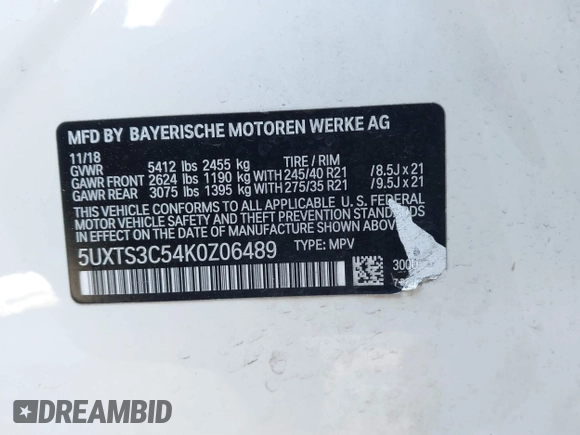 2019 BMW X3 M40i with VIN 5UXTS3C54K0Z06489, listed as a IAAI auction lot 41887523 with 115,780 mi miles and . Bid and sale history available at DreamBid. Image 9.