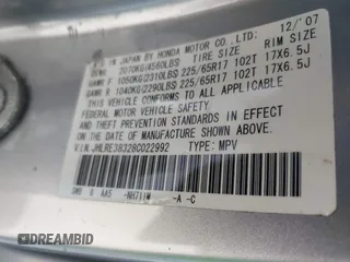 2008 Honda CR-V LX with VIN JHLRE38328C022992, listed as a IAAI auction lot 42519381 with 106,854 mi miles and . Bid and sale history available at DreamBid. Image 9.