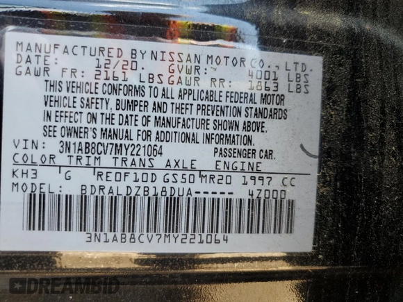 2021 Nissan Sentra SV with VIN 3N1AB8CV7MY221064, listed as a Copart auction lot 57504025 with 112,924 mi miles and Salvage title. Bid and sale history available at DreamBid. Image 12.