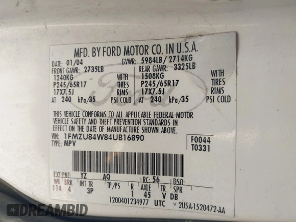 2004 Ford Explorer с VIN 1FMZU84W84UB16890, выставлен на аукционе IAAI как лот 42208403 с пробегом 266 940 миль миль и . История ставок и продаж доступна на DreamBid. Изображение 9.