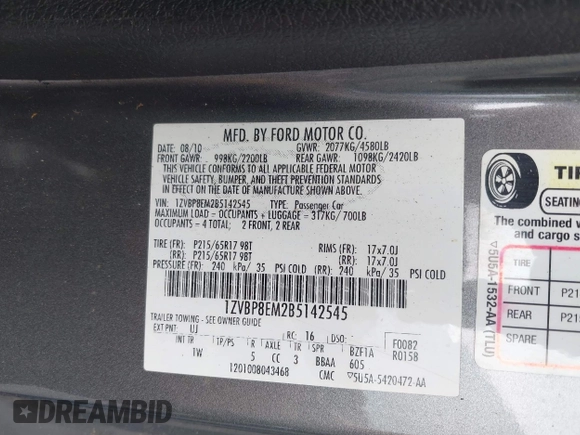 2011 Ford Mustang V6 with VIN 1ZVBP8EM2B5142545, listed as a IAAI auction lot 42667556 with 138,177 mi miles and . Bid and sale history available at DreamBid. Image 9.