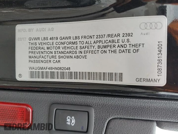 2017 Audi A4 ultra Premium with VIN WAUGMAF48HN062048, listed as a Copart auction lot 53967045 with 85,666 mi miles and Clean Title. Bid and sale history available at carsss.com. Image 12.