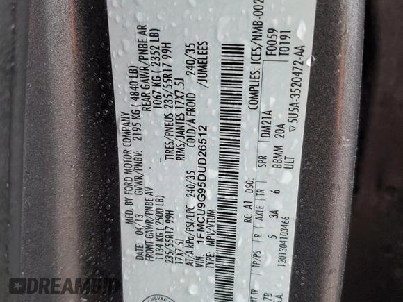 2013 Ford Escape SE with VIN 1FMCU9G95DUD26512, listed as a Copart auction lot 81114764 with 90,428 mi miles and Salvage Title. Bid and sale history available at DreamBid. Image 14.