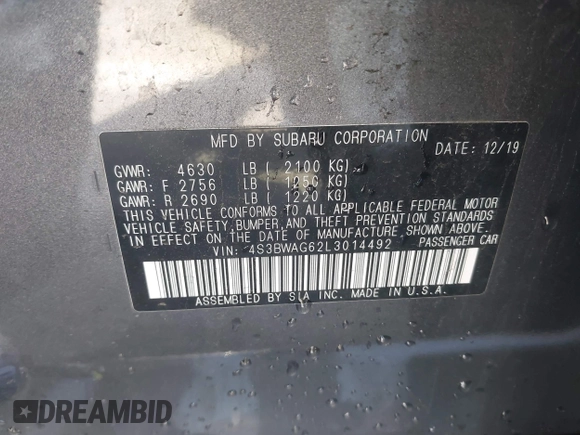 2020 Subaru Legacy Special Sports with VIN 4S3BWAG62L3014492, listed as a IAAI auction lot 41601193 with 41,079 mi miles and . Bid and sale history available at carsss.com. Image 9.