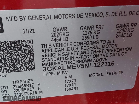 2022 GMC Terrain SLE with VIN 3GKALMEV5NL122116, listed as a IAAI auction lot 42431268 with 31,107 mi miles and . Bid and sale history available at DreamBid. Image 9.