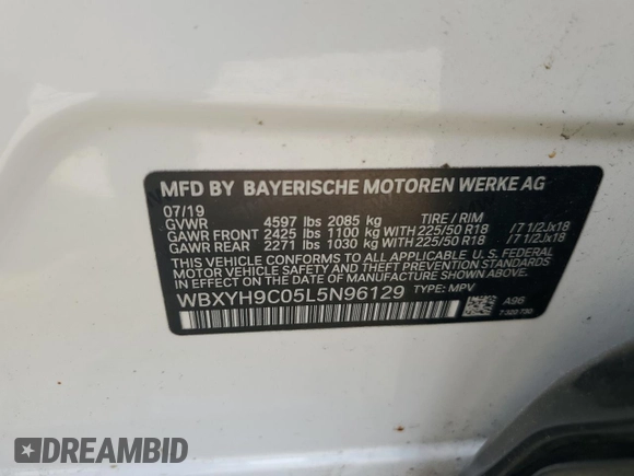 2020 BMW X2 sDrive28i with VIN WBXYH9C05L5N96129, listed as a Copart auction lot 89018595 with 45,226 mi miles and Salvage Title. Bid and sale history available at carsss.com. Image 15.