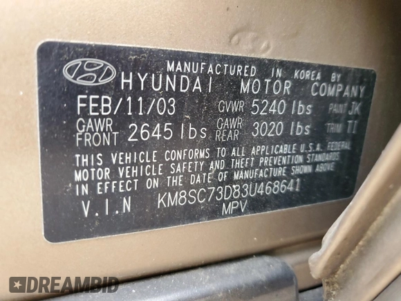 2003 Hyundai Santa Fe GLS with VIN KM8SC73D83U468641, listed as a Copart auction lot 79870004 with 145,042 mi miles and Non Repairable. Bid and sale history available at carsss.com. Image 12.