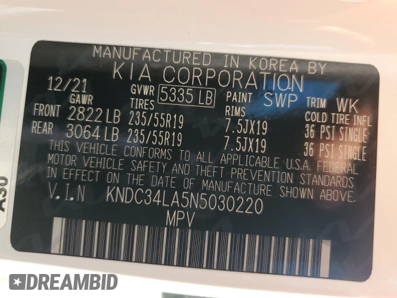 2022 Kia EV6 Wind with VIN KNDC34LA5N5030220, listed as a Copart auction lot 74602804 with 21,685 mi miles and Non Repairable. Bid and sale history available at carsss.com. Image 14.