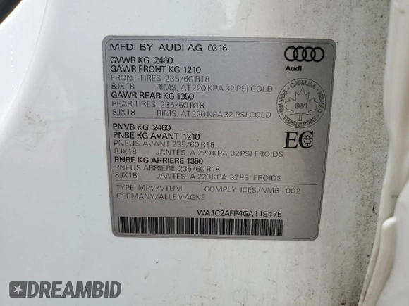 2016 Audi Q5 Premium with VIN WA1C2AFP4GA119475, listed as a Copart auction lot 49418705 with 61,962 mi miles and Salvage title. Bid and sale history available at DreamBid. Image 14.