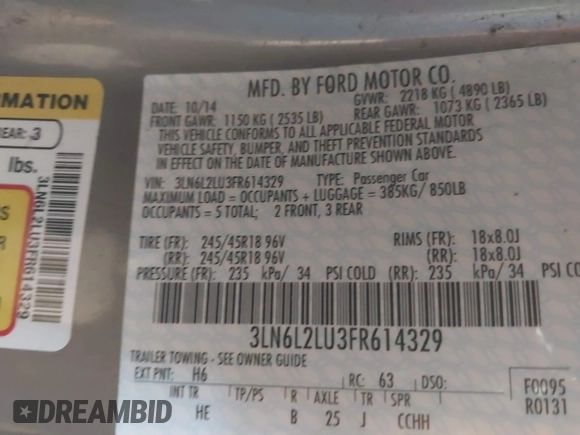 2015 Lincoln MKZ Hybrid with VIN 3LN6L2LU3FR614329, listed as a IAAI auction lot 41295489 with 103,909 mi miles and . Bid and sale history available at DreamBid. Image 9.