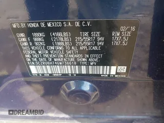 2016 Honda HR-V EX-L w/Navi with VIN 3CZRU6H74GM736618, listed as a IAAI auction lot 41735309 with 57,530 mi miles. Bid and sale history available at carsss.com. Image 9.