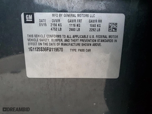 2015 Chevrolet Impala LT with VIN 1G1125S36FU119670, listed as a Copart auction lot 41968235 with 122,995 mi miles and Non Repairable. Bid and sale history available at carsss.com. Image 13.
