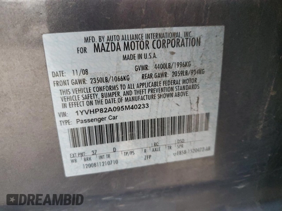 2009 Mazda 6 i Touring with VIN 1YVHP82A095M40233, listed as a Copart auction lot 83462314 with Not Provided miles and Salvage Title. Bid and sale history available at carsss.com. Image 15.
