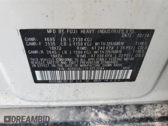 2015 Subaru Outback Limited with VIN 4S4BSALC2F3252284, listed as a Copart auction lot 55991145 with Not Provided miles and Salvage Title. Bid and sale history available at DreamBid. Image 14.