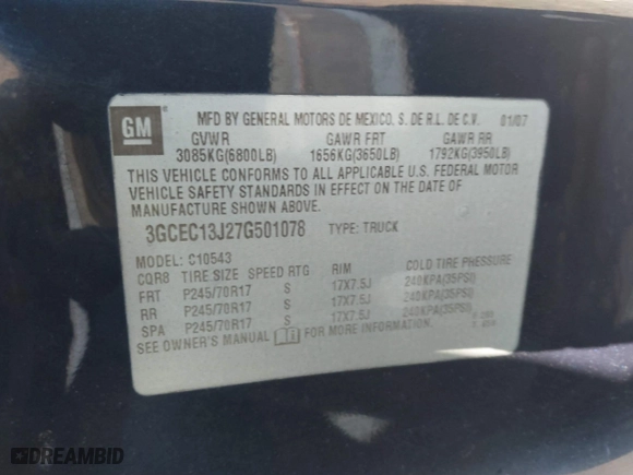 2007 Chevrolet Silverado 1500 LT w/1LT with VIN 3GCEC13J27G501078, listed as a IAAI auction lot 41660302 with 203,791 mi miles. Bid and sale history available at carsss.com. Image 9.