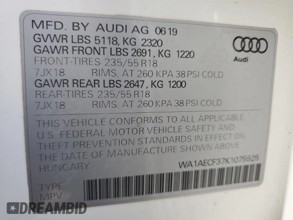 2019 Audi Q3 Premium with VIN WA1AECF37K1075925, listed as a Copart auction lot 42928893 with 41,726 mi miles and . Bid and sale history available at DreamBid. Image 14.