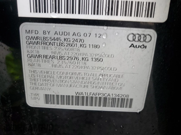 2012 Audi Q5 Premium Plus with VIN WA1LFAFP3CA134208, listed as a Copart auction lot 51990225 with 127,824 mi miles and Non repairable. Bid and sale history available at DreamBid. Image 13.