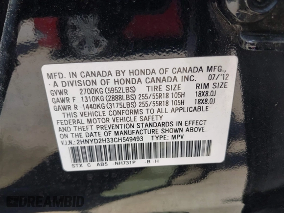 2012 Acura MDX Tech Pkg with VIN 2HNYD2H33CH549493, listed as a IAAI auction lot 42165705 with 140,315 mi miles. Bid and sale history available at carsss.com. Image 9.