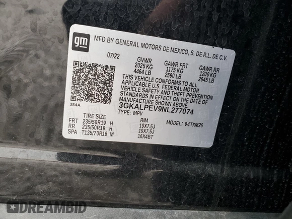 2022 GMC Terrain SLT with VIN 3GKALPEV9NL277074, listed as a Copart auction lot 77792934 with 48,425 mi miles and Salvage title. Bid and sale history available at DreamBid. Image 12.