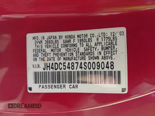 2004 Acura RSX with VIN JH4DC54874S009048, listed as a IAAI auction lot 40386772 with 202,707 mi miles. Bid and sale history available at carsss.com. Image 9.