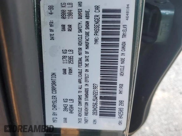 1998 Dodge Intrepid ES z VIN 2B3HD56J5WH221927, wystawiony jako Copart lot #75285814 z przebiegiem 52 449 mil mil oraz Szkoda całkowita • Salvage title. Historia ofert i sprzedaży dostępna na DreamBid. Obrazek 14.