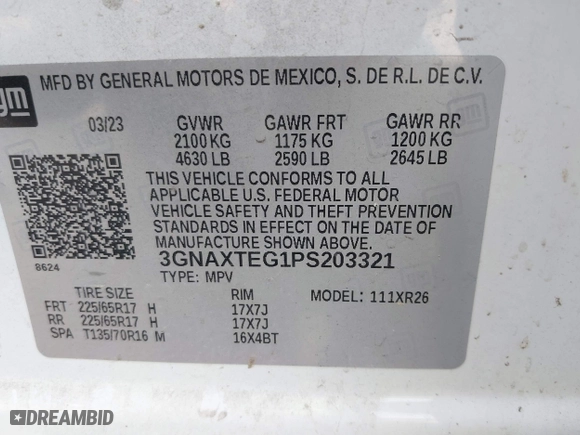 2023 Chevrolet Equinox LT with VIN 3GNAXTEG1PS203321, listed as a IAAI auction lot 41917441 with 60,022 mi miles. Bid and sale history available at carsss.com. Image 9.