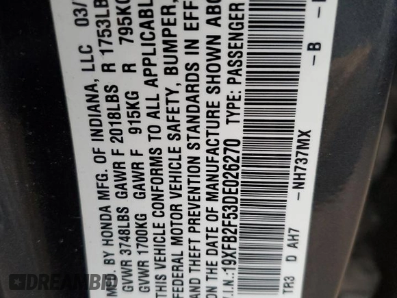 2013 Honda Civic LX z VIN 19XFB2F53DE026270, wystawiony jako Copart lot #83473384 z przebiegiem 119 834 mil mil oraz Szkoda całkowita • Salvage title. Historia ofert i sprzedaży dostępna na DreamBid. Obrazek 13.