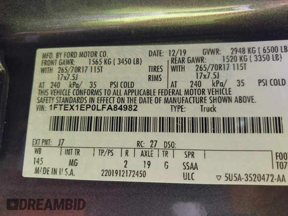 2020 Ford F-150 XL with VIN 1FTEX1EP0LFA84982, listed as a IAAI auction lot 42540068 with 144,511 mi miles and . Bid and sale history available at DreamBid. Image 9.