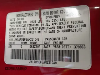 2010 Nissan GT-R Premium z VIN JN1AR5EF8AM231049, wystawiony jako IAAI lot #41834675 z przebiegiem Nie podano mil oraz . Historia ofert i sprzedaży dostępna na DreamBid. Obrazek 9.