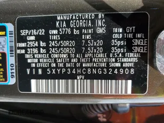 2022 Kia Telluride EX with VIN 5XYP34HC8NG324908, listed as a Copart auction lot 61273595 with 46,205 mi miles and Salvage title. Bid and sale history available at DreamBid. Image 13.