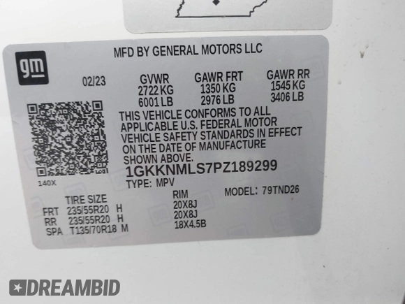 2023 GMC Acadia SLT with VIN 1GKKNMLS7PZ189299, listed as a IAAI auction lot 41446383 with Not Provided miles and . Bid and sale history available at carsss.com. Image 9.