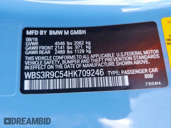 2017 BMW M4 with VIN WBS3R9C54HK709246, listed as a Copart auction lot 60701345 with 77,729 mi miles and Salvage title. Bid and sale history available at DreamBid. Image 13.