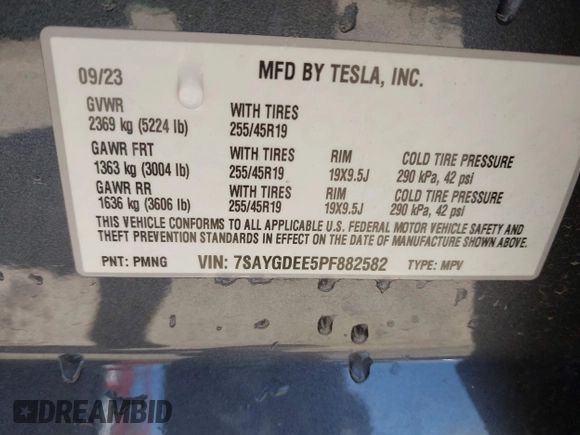 2023 Tesla Model Y Long Range with VIN 7SAYGDEE5PF882582, listed as a IAAI auction lot 42059015 with 10,567 mi miles and . Bid and sale history available at carsss.com. Image 9.