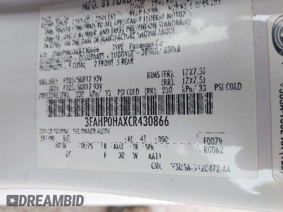 2012 Ford Fusion SE with VIN 3FAHP0HAXCR430866, listed as a IAAI auction lot 41676183 with 128,049 mi miles and . Bid and sale history available at DreamBid. Image 9.