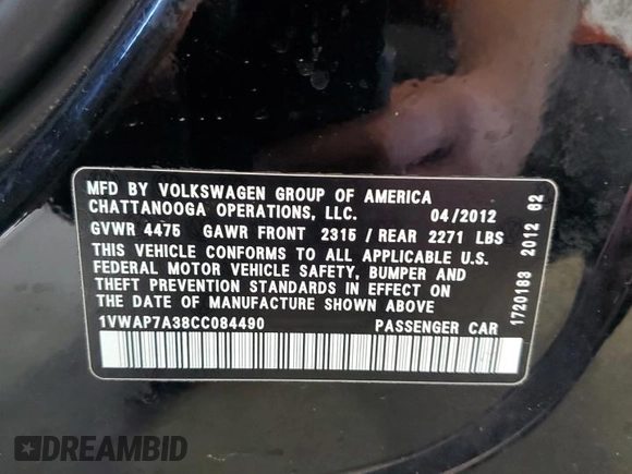 2012 Volkswagen Passat S with VIN 1VWAP7A38CC084490, listed as a Copart auction lot 57155005 with 243,113 mi miles and Salvage title. Bid and sale history available at DreamBid. Image 13.