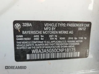 2012 BMW 3 Series 328i with VIN WBA3A5G50CNP18175, listed as a Copart auction lot 47842055 with 49,616 mi miles and Salvage Title. Bid and sale history available at carsss.com. Image 12.
