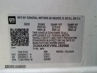 2022 Chevrolet Equinox LT with VIN 3GNAXKEV5NL182666, listed as a Copart auction lot 45246295 with 66,177 mi miles and Salvage Title. Bid and sale history available at DreamBid. Image 15.