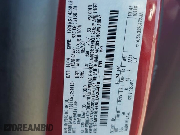 2020 Ford Escape SEL with VIN 1FMCU0H68LUA24470, listed as a Copart auction lot 63121095 with 86,890 mi miles and Salvage title. Bid and sale history available at DreamBid. Image 14.
