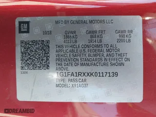 2019 Chevrolet Camaro 1LT with VIN 1G1FA1RXXK0117139, listed as a IAAI auction lot 41809598 with 24,286 mi miles. Bid and sale history available at carsss.com. Image 9.