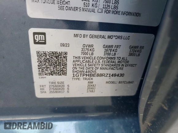 2024 GMC Sierra 1500 with VIN 1GTPHBE88RZ149430, listed as a Copart auction lot 83250124 with 33,092 mi miles and Salvage Title. Bid and sale history available at DreamBid. Image 13.