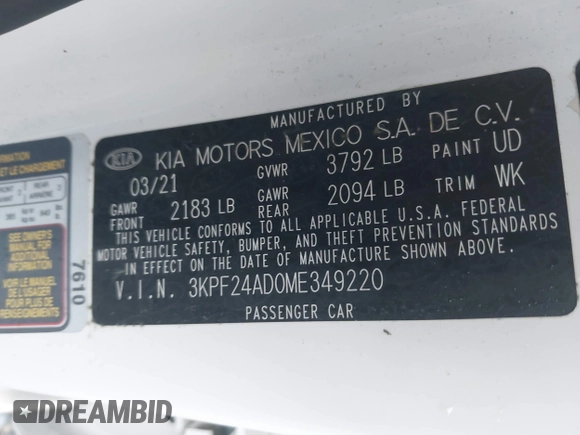 2021 Kia Forte LXS z VIN 3KPF24AD0ME349220, wystawiony jako IAAI lot #42339184 z przebiegiem 84 052 mil mil oraz . Historia ofert i sprzedaży dostępna na DreamBid. Obrazek 9.